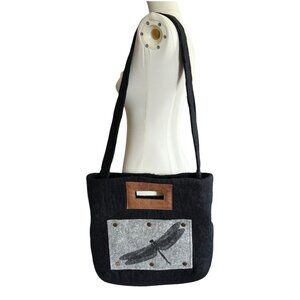 NWT Fibres of Life Black Hand Felted Wool Dragonfly Purse with Strap